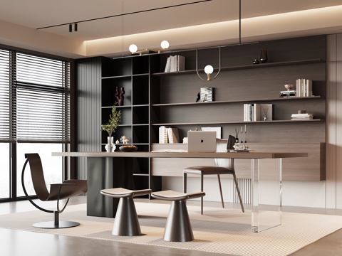  现代意式书房 书桌椅 书柜3d模型 