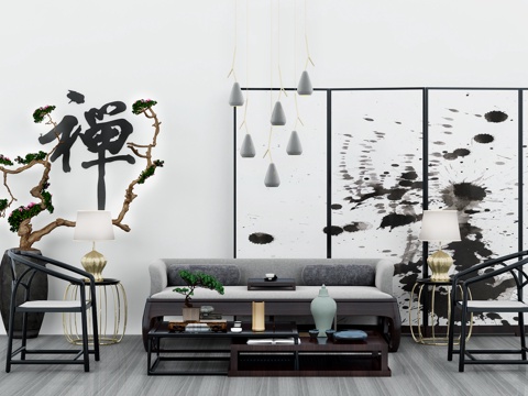  新中式沙发茶几组合 盆栽 屏风 吊灯3d模型 