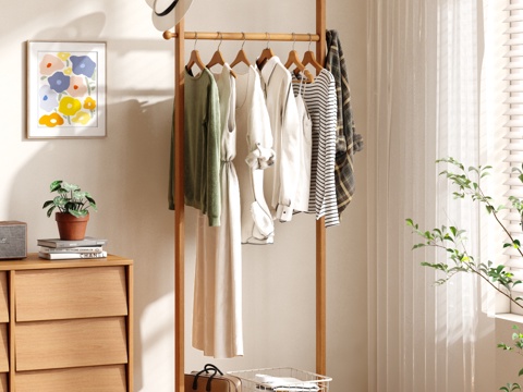  原木风落地挂衣架 实木移动挂衣架3d模型 