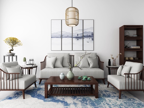  新中式沙发茶几吊灯装饰画组合3d模型 