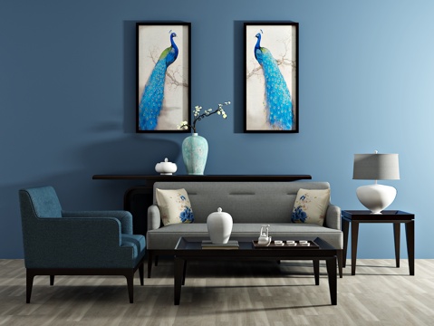  新中式沙发茶几 单椅 装饰画3d模型 