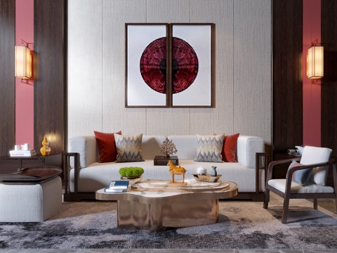  新中式沙发摆件挂画茶几组合3d模型 