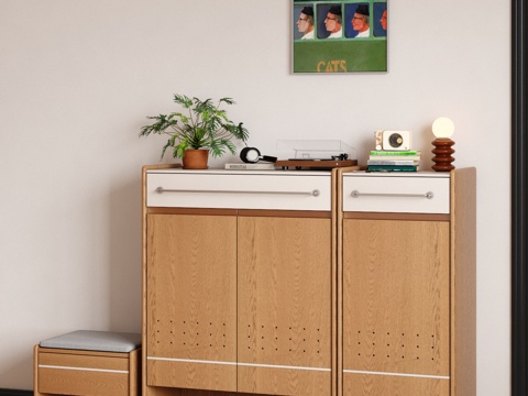  日式实木鞋柜 原木风玄关收纳柜 储物柜3d模型 