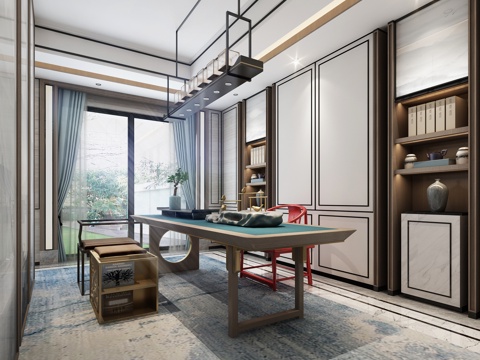  新中式茶室，泡茶桌，书柜，装饰柜，新中式吊灯3d模型 