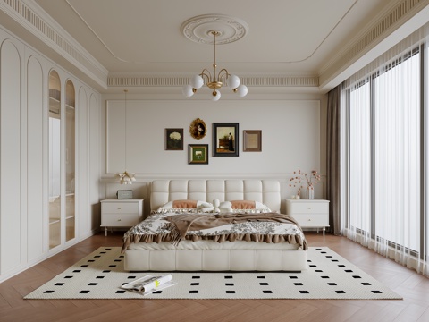  法式奶油风卧室 布艺双人床 床头柜 吊灯 挂画 地毯3d模型 