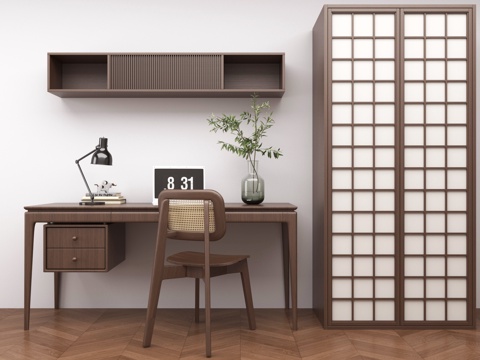 新中式书桌椅组合 摆件组合 书桌su模型