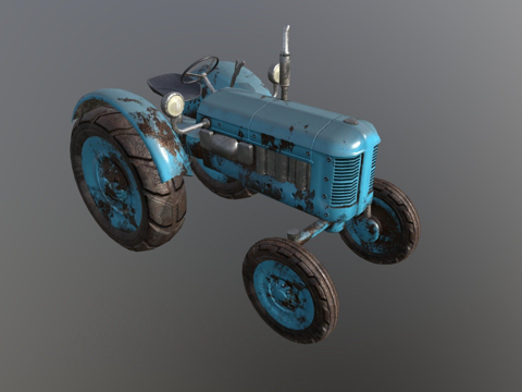 蓝色旧拖拉机游戏就绪低多边形PBR3d模型 