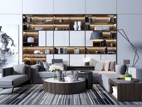  现代布料沙发茶几组合 落地灯 橱柜 摆件3d模型 