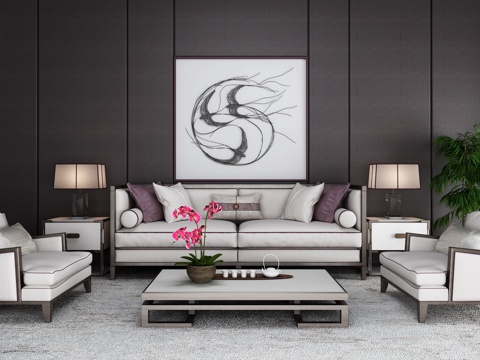  新中式沙发茶几地毯组合3d模型 