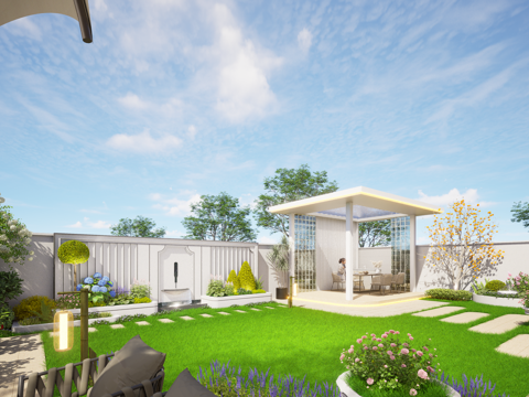 法式庭院、景墙、凉亭、水景su模型