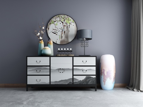  新中式端景柜组合中式摆件3d模型 