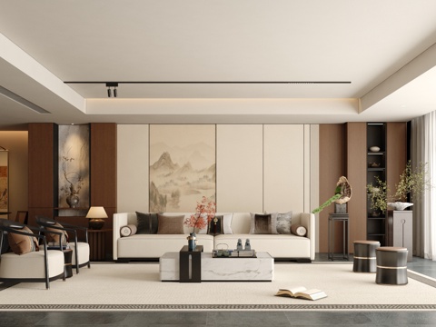  新中式客厅 宋式客厅 大平层 横厅3d模型 