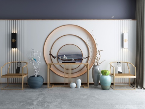  新中式端景柜门厅景观中式摆件壁灯组合3d模型 