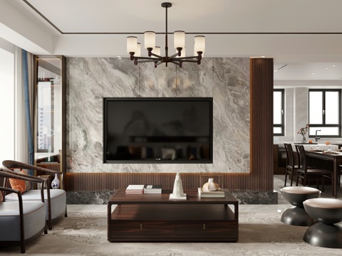  新中式客餐厅 开放厨房 干区 电视墙3d模型 