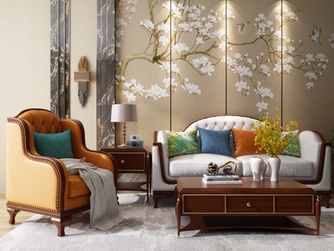  美式简约沙发茶几组合3d模型 