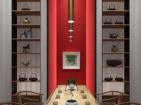  新中式中国红茶室 茶台 茶桌椅 吊灯3d模型 