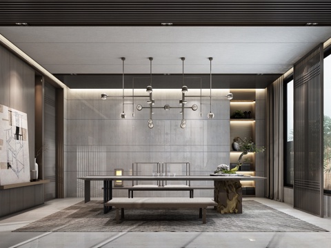  新中式茶室 泡茶桌 书柜 装饰柜 吊灯3d模型 