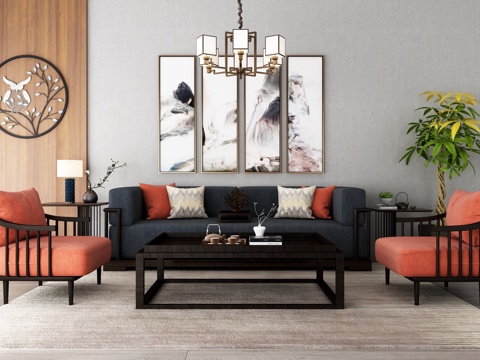  新中式沙发茶几装饰画地毯吊灯组合3d模型 