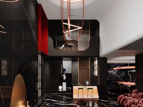  暗黑风别墅客厅3d模型 