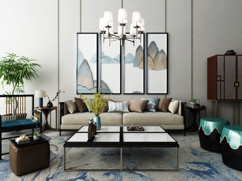  新中式沙发 茶几 吊灯 装饰画组合3d模型 