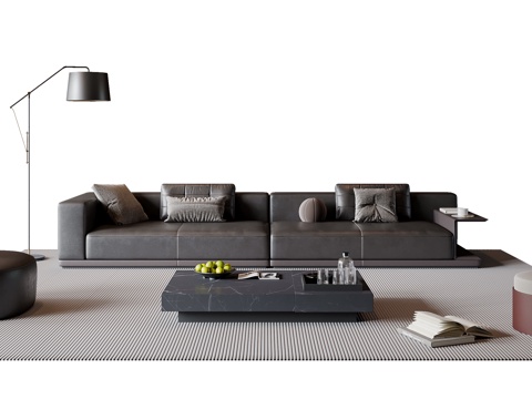  现代意式沙发茶几组合 多人沙发 皮质沙发 落地灯 地毯3d模型 