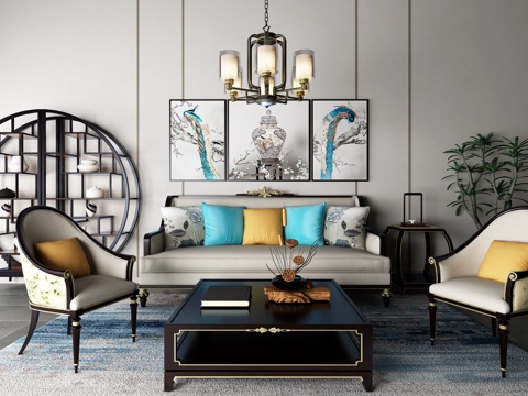  新中式沙发茶几吊灯装饰画组合3d模型 