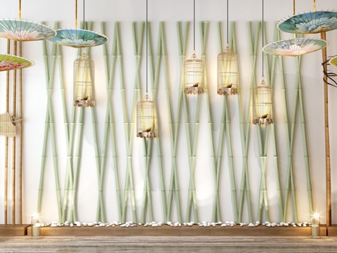  竹子 油纸伞 雨伞 边几 鸟笼 枯枝 花瓶3d模型 