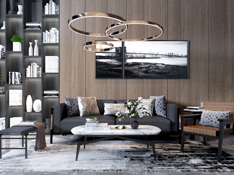  现代沙发书柜组合3D模型3d模型 