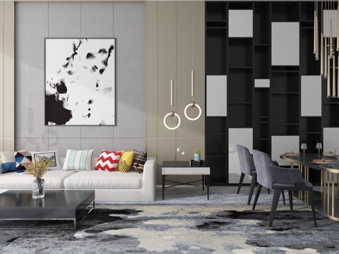  现代沙发书柜桌椅组合3d模型 