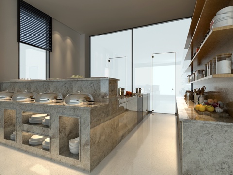  北欧自助餐厅取餐台 材料区 饭菜 百叶窗 材料区 盘子 锅3d模型 