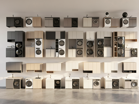 现代洗衣机柜 洗衣机 烘干机 洗手台 壁挂洗衣机 阳台洗衣机su模型