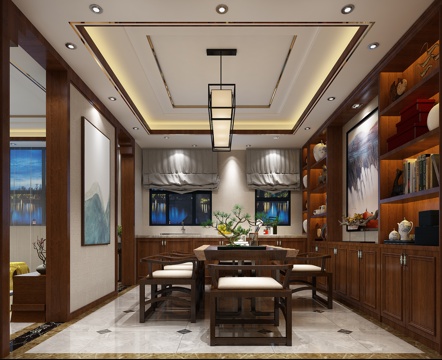  新中式餐厅 餐桌椅 吊灯 酒柜3d模型 