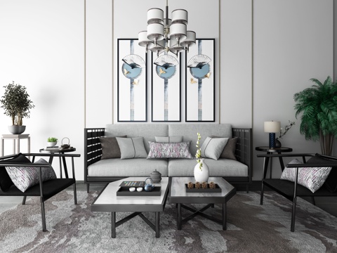  新中式客厅 沙发 茶几 吊灯 装饰画组合3d模型 