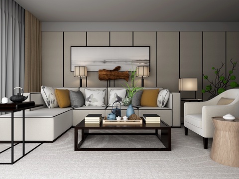  新中式沙发茶几组合3d模型 