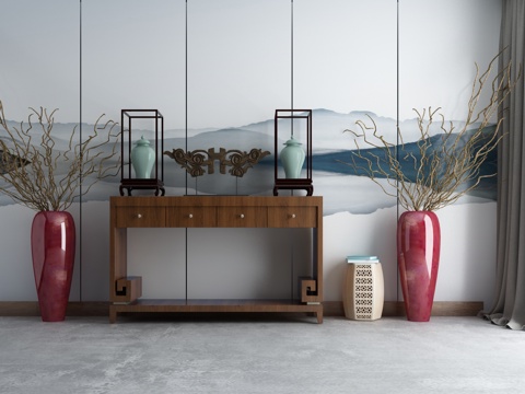  新中式端景柜组合中式摆件3d模型 