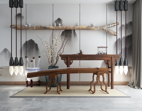  新中式茶室摆件组合 茶桌椅 背景墙3d模型 