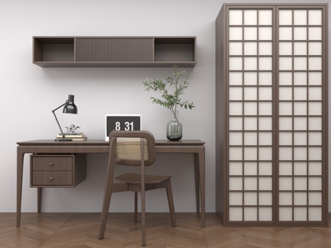  新中式书桌椅组合 摆件组合 书桌3d模型 