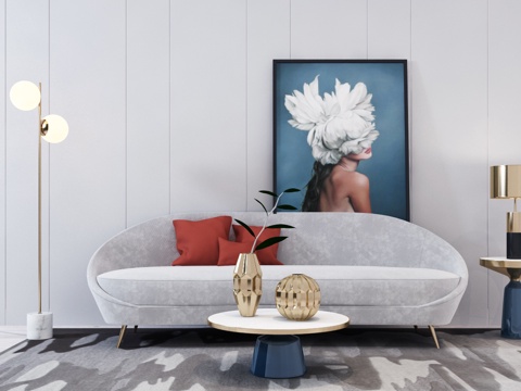  现代多人沙发落地灯台灯茶几组合3d模型 