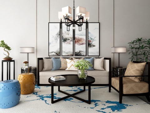  新中式沙发茶几吊灯装饰画组合3d模型 