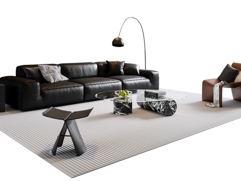  现代意式沙发茶几组合 三人沙发 皮质沙发 休闲椅 地毯3d模型 