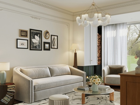  法式复古客厅 法式奶油风客厅 小户型3d模型 