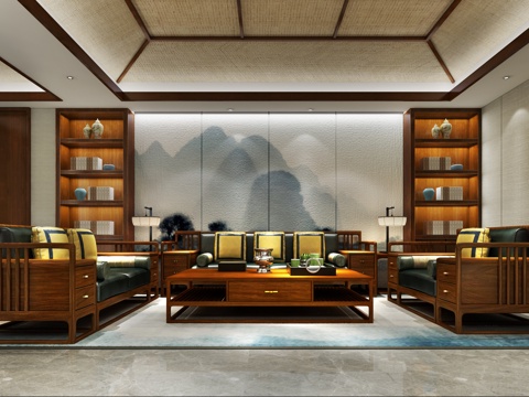  新中式禅意沙发茶几书柜组合3D模型3d模型 