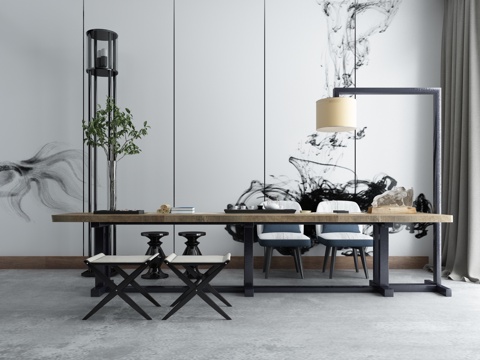  新中式茶室 茶桌椅 落地灯3d模型 