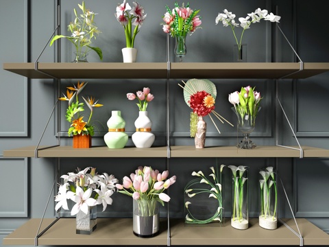  现代花 花瓶 草 百合 玫瑰花3d模型 