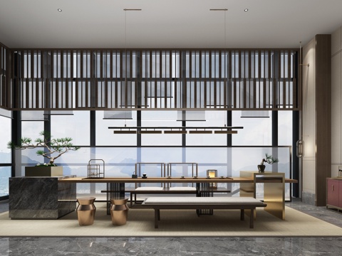  新中式茶室 泡茶桌 凳子 吊灯3d模型 