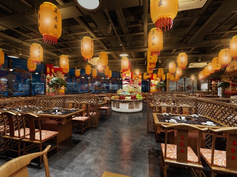  新中式餐饮店 火锅店 餐桌椅 吊灯 前台3d模型 