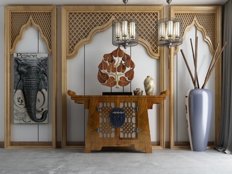  禅意中式端景柜 泰式摆件组合 吊灯 泰式背景墙3d模型 