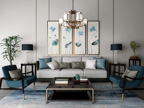  新中式沙发茶几装饰画组合3D模型3d模型 