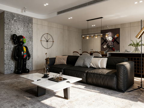  现代简约客餐厅一体全场景 岛台 电视墙 创意家具 装饰摆件3d模型 