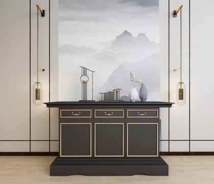  中式端景台 中式壁挂灯 中式装饰品摆件3d模型 